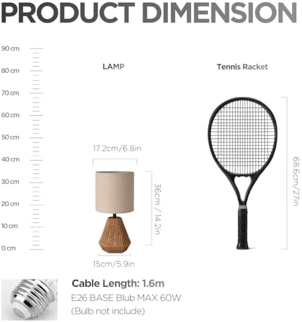 Boho Table Lamp with Linen Drum Shade, 14.17” Bedside Lamp with E26 Rattan Base for Living Room, Bedroom, Office – Natural Woven Style Accent Light, Bulb Not Included