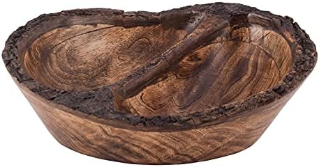 Natural Wooden Tray, Serving Bowl for Salad, Veggies and Fruits, Large Deep Tray for Family, Party (Bark Edge Wavy Divided Bowl)