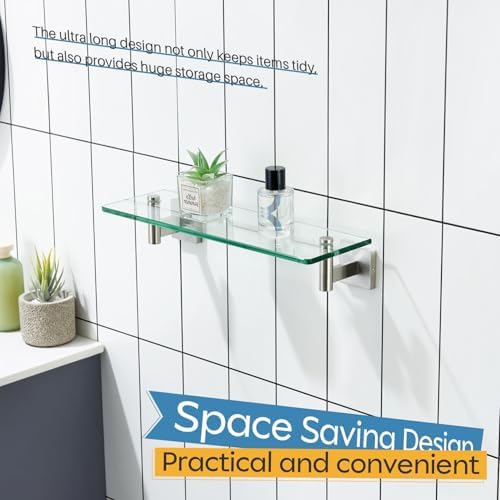 KOKOSIRI Floating Shelf Bathroom Wall Mount Shelves 16-Inch for Bedroom Living Room Kitchen Hanging Rack Brushed Stainless Steel 2 Pack B1105BR-L16-P2