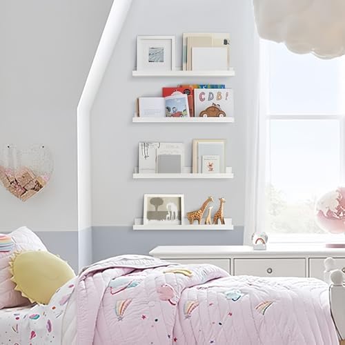 24 Inch Floating Nursery Book Shelves, White Picture Ledge Shelf 4-Pack