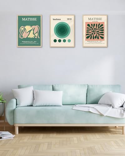 KensTro 12x16 Oak Picture Frames Set of 3 with Green Art Prints | Natural Solid Oak Wood Frames with 3 Coordinating Green Abstract Prints for Posters, Photos, Paintings and Gallery Walls