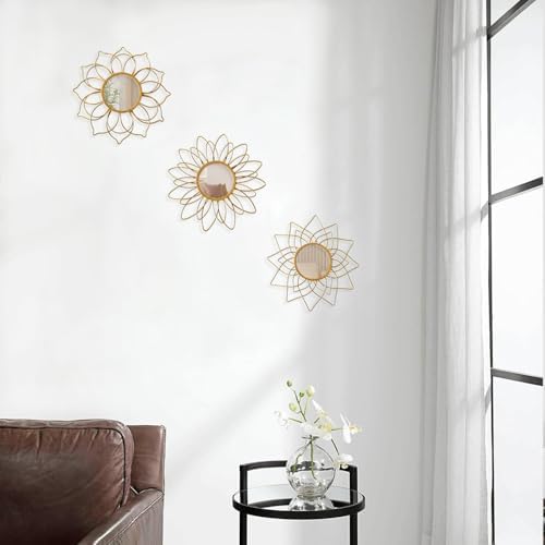 Champagne Gold Round Mirrors for Wall, Decorative Mirrors for Wall Decor | Manortang; 9 Inch; 3pcs; Circle Mirror; Modern Line Art; Handmade Article; Rustproof; Indoor & Outdoor; Great gift choice