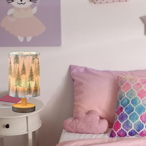 Green Pine Forest Pine Trees Table Lamp for Bedroom USB Port Lamps Small Accent Table Lamp Nightstand Lamp Study Linen Shade with Wooden Base, Decorative Lamps for Bedside Reading|Kids|Dorm|Home