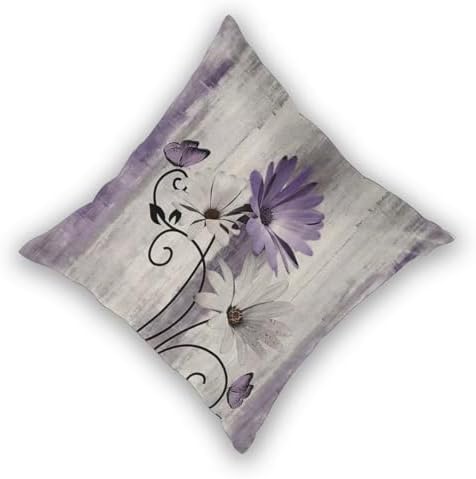 Purple Floral Pillow Covers 16 x 16 Inch Set of 2 Daisy Floral Butterfly Decorative Throw Pillow Covers Linen Rustic Farmhouse Cushion Cases for Home Sofa Couch Living Room Decor