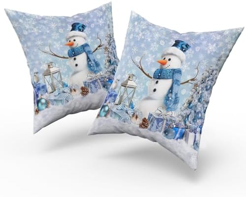 Giwawa Winter Blue Snowman Pillow Covers Set of 2, Xmas Tree Bird Present Snowflakes Decorative Square Pillow Cases, 16"x16" Soft Cotton Throw Cushion Covers for Sofa Porch Living Room