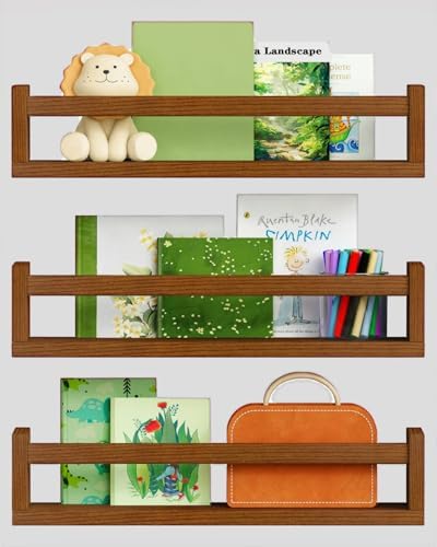 Harwaya Walnut Brown Nursery Book Shelves Wall Mounted, Wooden Floating Bookshelf for Kids Room Bedroom, Dark Wood Nursery Bookshelves for Kitchen Classroom Playroom (Solid Pine, 3-Pack)