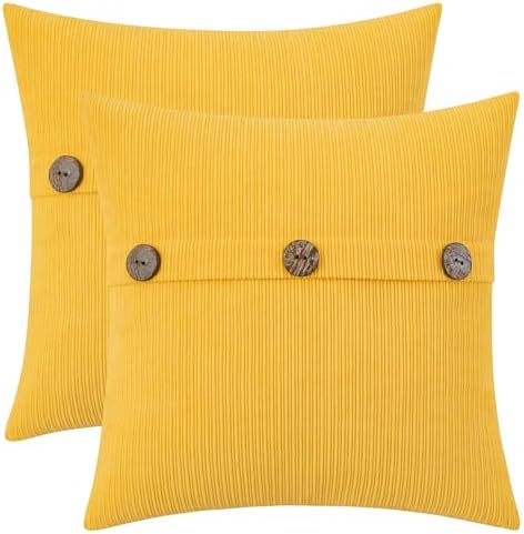 HWY 50 Yellow Chenille Throw Pillow Covers 20x20 Inch Buttons Pack of 2