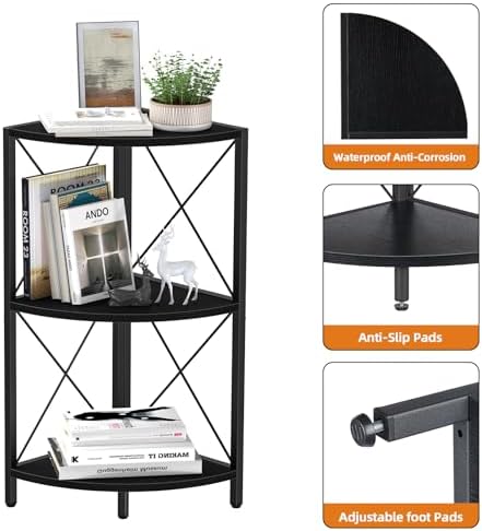 Snughome Corner Shelf with Metal Frame, 3 Tier Corner Storage Organizer, Freestanding Corner Bookshelf Stand Display Rack for Kitchen, Living Room, Black