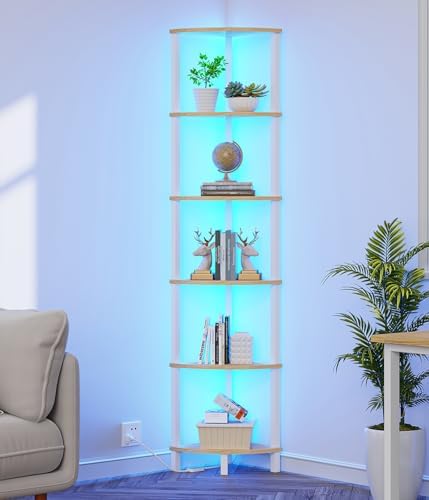 VIMBER 6-Tier Corner Shelf with LED Light, Industrial Corner Ladder Shelf, Rustic Display Shelf for Living Room, Bedroom, Kitchen, Home Office, Sturdy Frame, White and Nature Wood Color UJSJ002Q
