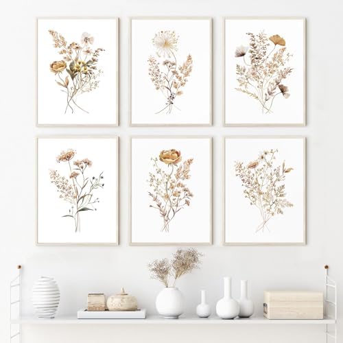 Watercolor Flower Wall Art Set of 6 Botanical Wildflower Wall Decor Boho Neutral Canvas Wall Art Vintage Prints Floral Pictures Minimalist Farmhouse Poster for Room Bedroom 12x16 Inch Unframed