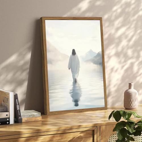 Jesus Walking on Water Wall Art White Jesus Wall Decor Christian Faith Painting 3D Textured Hand Drawn Sandstone Artwork for Living Prayer Room Bedroom 24x36 inch Wood Framed