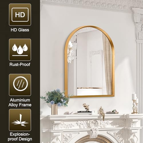 Arch Bathroom Wall Mirror Gold Vanity Metal Frame Mirrors Home Decor for Bedroom, Entryway, Living Room 20"x16"