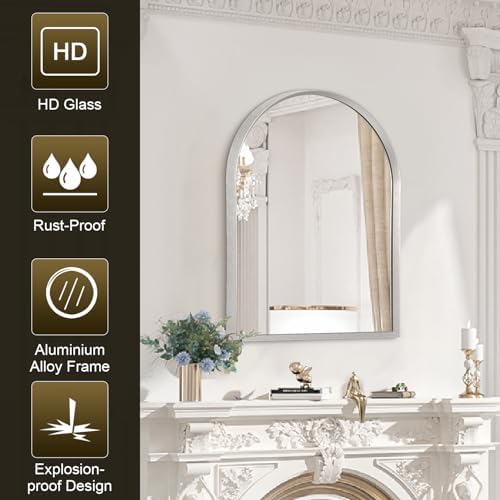 Arched Bathroom Mirror, Wall Mounted Mirror Arch Mirror Aluminum Alloy Frame Bathroom Mirror Living Room, Bedroom, Bathroom and Entryway 20"x16"