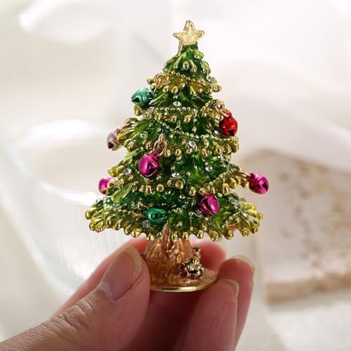Hand Painted Christmas Trinket Box for Home Decor Accents, Enamel Hinged Jewelry Box for Bookshelf Office Table Desk Decor, Classical Figurine Collectible Keepsake Sculptures (Green Christmas Tree)