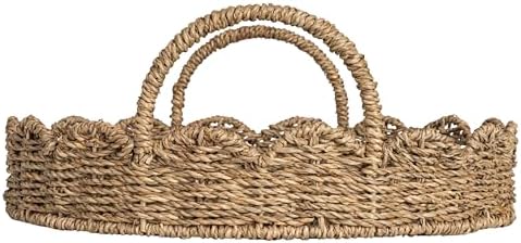 Household Essentials Round Handwoven Seagrass Tray with Scalloped Edge and Handles, Natural