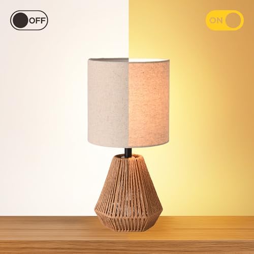 Boho Table Lamp with Linen Drum Shade, 14.17” Bedside Lamp with E26 Rattan Base for Living Room, Bedroom, Office – Natural Woven Style Accent Light, Bulb Not Included