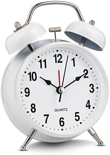 Bernhard Products Analog Alarm Clock Extra Loud Twin Bells Retro White 4 Inch Silent Non-Ticking Quartz Battery Operated with Backlight, Decorative Bedside Table Desk Vintage Clocks for Heavy Sleepers