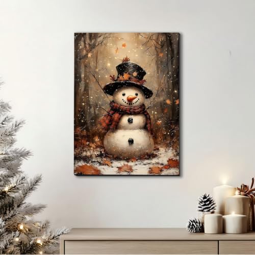 Vintag Snowman in Forest Christmas Canvas Print 20x30, Fall Wall Art, Rustic Winter Holiday Paintings, Christmas Art for Living Room Christmas Poster & Prints for Home Decorations
