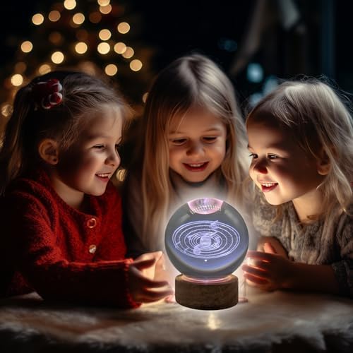 3D Crystal Ball 3.15" With LED Lamp, Colorful Wooden Base Night Light, Removable Glow Ball, Color Changing Light With Remote (4-SolarSystem)