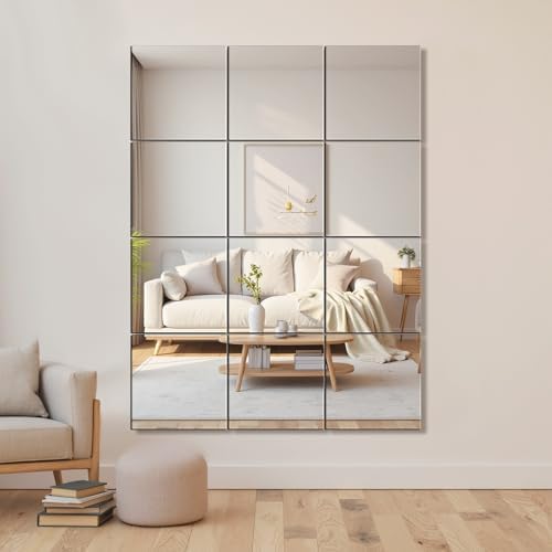 Delma Home Gym Mirrors, 12'' x 12'' Glass Mirror Tiles, 12 PCS | Square Large Wall Mirror, For Home Gym, Bedroom, Door, Bathroom, Frameless Mirror Sets