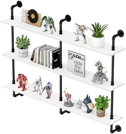 3-Tier Industrial Pipe Floating Shelf – Rustic 60 inch Wood Wall-Mounted Storage Shelf for Kitchen Office,Bathroom & Home Decor -White