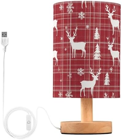Christmas Reindeer and Snowflakes Plaid Bedside Table Lamps with USB Port for Bedroom Lamp Table Lamp Small Nightstand Lamp Sturdy Linen Shade Wooden Decorative Lamps for Home Dorm Office Living Room