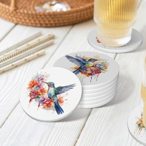 Drink Coasters for Drinks Set of 6, Watercolor Hummingbird Absorbent Round Ceramic Stone Mat, with Cork Base and Metal Holder, Home Bar Decor House Warming Gift