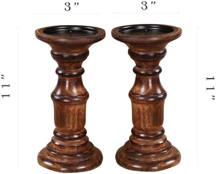 Candle Holders Set of 2 (6" Height)_Burnt Finish,Pillar Candle Holder in Mango Real Wood,Decorative Candle Holders for Table Centerpiece, Wedding, Party, Home Décor, Spa, Farmhouse, Gifting