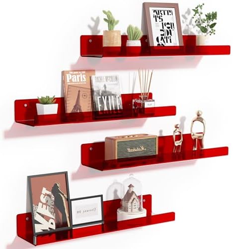 upsimples 4 Pcs 15" Acrylic Shelves for Wall Decor and Display, Red