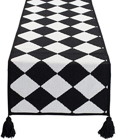 Fennco Styles Black and White Diamond Woven Table Runner - 14 x 71 Inch Checker Runner Table Centerpiece for Dining Home Decor, Indoor Parties, Holiday Events Tassel Table Runner