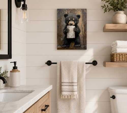 Funny Bathroom Bear Canvas Wall Art, Black Bear with Paper Poster Print Artwork, Humor Animal Painting Picture Wall Decor, for Kids Restroom, Cabin, Bathroom, Home Decoration, 12x16In