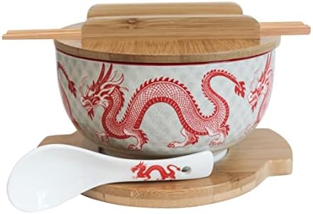 XWORLD Japanese Ceramic Ramen Noodle Bowls Set with Ceramic Spoon, Bamboo Chopsticks, Lid & Trivet, Serving Capacity of 33.8 OZ, Microwavable Oven Safety (3.3” x 6.6” D) (Red Dragon)