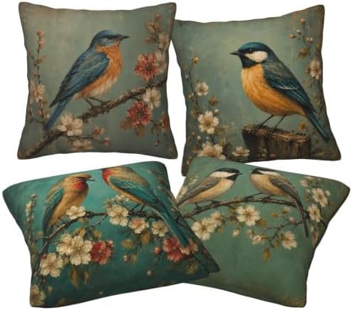 Vintage Bird Throw Pillow Covers Set of 4 Decorative Soft Double Sided Print Pillow Case Farmhouse Home Decor for Living Room Sofa Couch 18x18