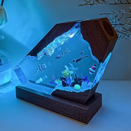 Handmade Whale Shark Resin Ocean Lamp with Wood Base