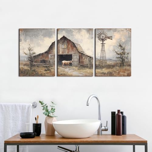 Vintage Farmhouse Wall Art Western Country Canvas Pictures for Living Room Rustic Cottage Painting Poster Windmill Barn Cow Prints Nature Landscape Canvas Artwork Bedroom Home Decorations 12x16" 3Pcs