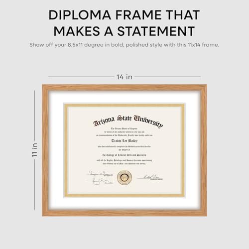 Homeforia 11x14 Natural Oak Diploma Frame, High-End Wood, 8.5x11 Mat, Glass