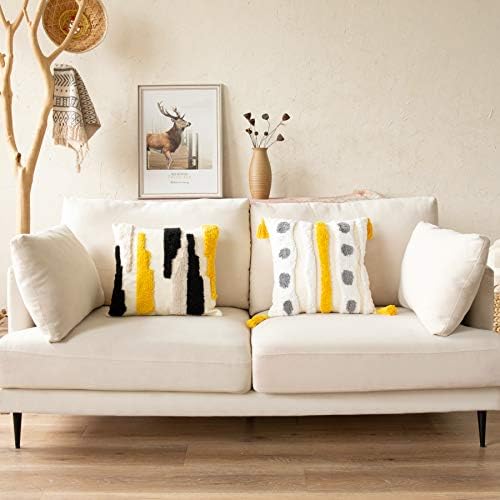 Woven Tufted Boho Throw Pillow Cover, Modern Decorative Geometric Irregular Black Ivory Yellow Striped Lines Cushion, Farmhouse Tribal Pillowcases for Couch Sofa Bedroom Living Room, 18 x 18 Inches