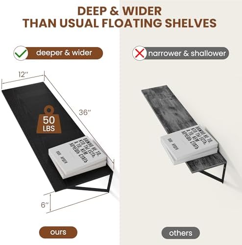 Heimlove 36W x 12D Deep Floating Shelves Set of 2 Black