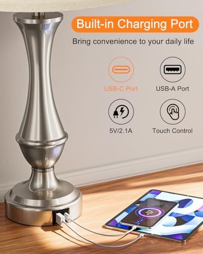 Seealle Upgraded Touch Lamps for Night Stands Set of 2 - Bedside Lamps with USB C+A, 3 Way Dimmable for Bedroom Living Room End Tables Office (White&Nickel)