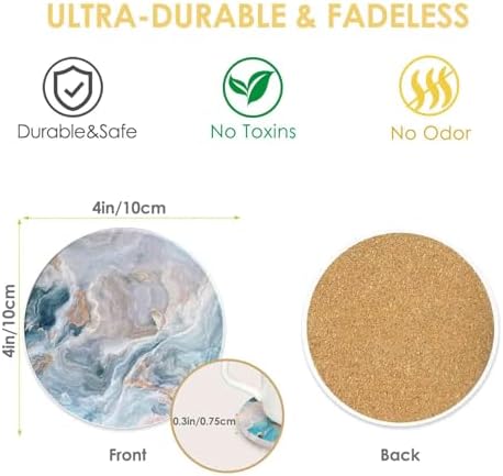 Drink Coasters with Holder 6 Pack, Ceramic Marble Style, Absorbent Abstract Coasters Set, 4in Cup Mat for Any Cups, Home, Living Room Decor, Tabletop-Protection for Coffee Beverage-Light Blue