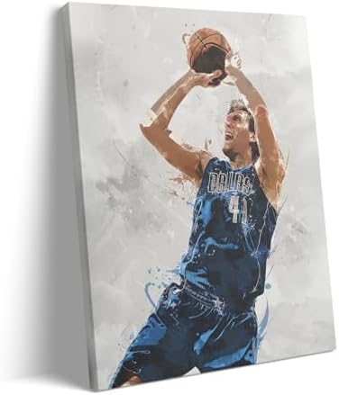 Dirk Nowitzki Basketball Canvas Wall Art, Sports Player Poster, 12x16 Inch | Abstract splash ink athletic artwork, motivational sports wall decor for teen boys room, bedroom, living room, gym or office