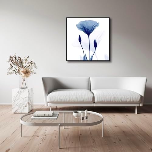 Pyradecor Framed Blue Xray Transparent Flower Canvas Wall Art, Minimalist Translucent Floral X-Ray Art Print, Modern Navy Blue Botanical Picture with Black Frame Ready to Hang for Bedroom Living Room Bathroom Home Decor