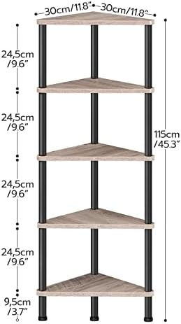 HOOBRO Corner Shelf Stand, Industrial 5-Tier Corner Bookshelf with Metal Frame, Corner Shelf Stand Display Plant Flower, Corner Bookcase for Small Spaces, Living Room, Greige and Black BG33CJ01