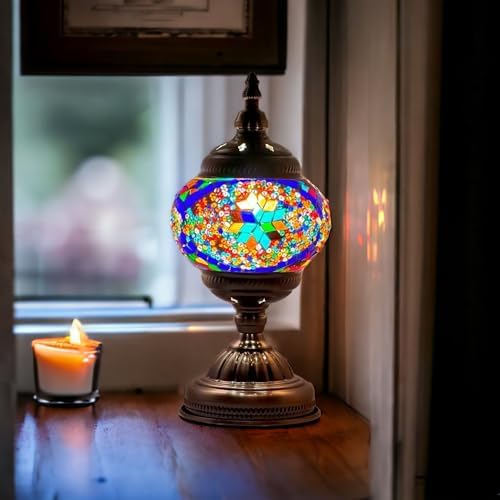 SILVERFEVER Handcrafted Mosaic Turkish Lamp Moroccan Glass Table Desk Bedside Light Bronze Base with E12 Bulb (Bright Starburts)
