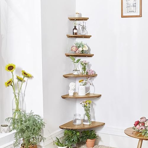 Corner Shelf, Solid Oak Wood Floating Corner Shelves Wall Mount Round End with Wire Hole for Small Plant Photo Frame for Bedroom Kitchen, Living Room