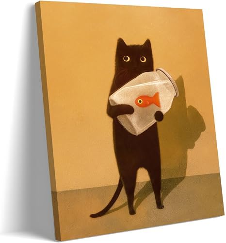 Funny Black Cat Wall Art, Abstract Black Cat and Fish Canvas Poster Print Picture, Cute Animal Wall Decor, Perfect for Cat Lovers for Bathroom Living Room Bedroom Kids Room 12x16in Framed