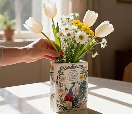 LIFFY Ceramic Vase for Flowers, 6.3 Inch Tall Farmhouse Centerpiece with Double Handles, Rustic Terracotta & Modern Navy White - Home Table Decor (Green-Peacock)