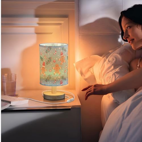 Xmas Cute Gingerbread Man and Candy Cane Holly Decorating Bedside Table Lamps with USB Port for Bedroom Lamp Accent Table Lamp Small Nightstand Lamp Linen Shade Decorative Lamps for Kids|Dorm|Home