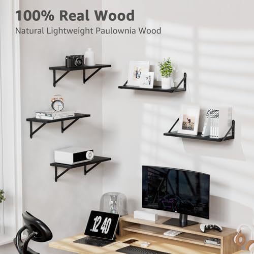 COCOYA Wall Shelves 7.3" Deep Solid Paulownia Wood (Black, Set of 3)
