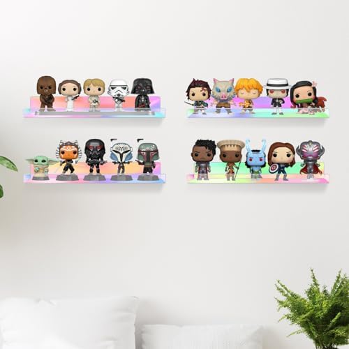 Dezzer 6 Pack Acrylic Shelves for Wall, 15" Acrylic Floating Shelves for Bathroom Bedroom, Invisible Bookshelf Wall Ledge Storage Shelf Books Perfume Toys Action Figure Display Shelves, Iridescent